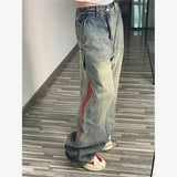 Riolio American Hip-hop Retro Jeans for Men and Women Loose and Trendy Straight Leg Striped Patchwork Casual Washed Wide Leg Pants