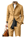 Riolio  Men's Linen Blend 2 Piece Suit Set Stand Collar Three Button Breathable Casual Blazer Pants For Business Daily Wear Summer