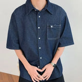 Riolio  Dark Blue Denim Shirt Men and Women Japanese Vintage City Boy Oversized Loose Casual Summer Lapel Buttons Shirt Top