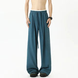 Riolio  Summer Men's Teal Wide-Leg Pants Contrast Waist Drawstring Casual Trousers