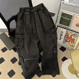 Riolio  Autumn American high street men and women trendy straight tube multi pocket workwear jeans for couples loose retro casual pants