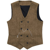 Riolio V Neck Men's  Suit Vests Herringbone Wool Tweed Double Breasted Waistcoat Tuxedo Groomsmen For  Wedding