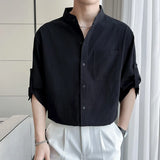 Riolio  Stand Collar Men's Shirt Cotton Linen Blend Half Sleeves Henley Neck Summer Casual Breathable Solid Color Loose Shirt Men