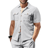 Riolio  Summer European and American cross-border men's waffle short-sleeved casual solid color lapel button-up pocket versatile shirt