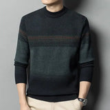 Riolio  Autumn Winter Half Turtleneck Cardigan Middle-aged Men Thickened Warm Sweater Striped Knitted Round Neck Bottoming