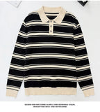 Riolio New American Trendy Men Polo Neck Sweater Light Luxury Striped Knit Long Sleeve Pullover Tops High Quality Loose Knitwear M-3XL