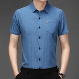 Riolio  Summer Men's Short Sleeve Silk Casual Wrinkle Free Striped Thin Shirt for Middle Aged