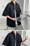 Riolio Working Pocket Solid Color Pure Cotton Short-sleeved Shirt Fashionable Summer Lapel Button Functional Half-sleeved Cardigan