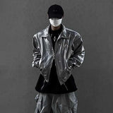 Riolio  Men's Leather Outerwear Y2k Clothes Trend Streetwear Faux Leather Glossy Long Sleeve Jackets Motorcycle Zipper Short Tops Coat