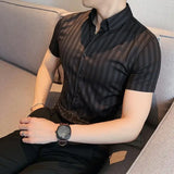 Riolio  Men's Stripe Short Sleeve Shirt Summer Korean Slim Fit British Style Casual Designer Half Sleeve Shirt