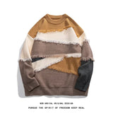 Riolio men's winter outfits Hole Fringed Sweaters Retro Tasseled Knitwear Patchwork Color Knitwear Round Neck Pullover Knit Sweater Couple Long Sleeve Tops