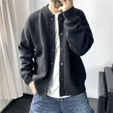 Riolio Man Clothes Round Collar Plain Knitted Sweaters for Men Crewneck Solid Color Cardigan Green Black Japanese Harajuku Fashion Neck