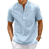 Riolio Cotton Linen Shirt Men Henley Neck Pocket Casual Beach Short Sleeve Solid Color Male Tops T-shirts Vintage Streetwear
