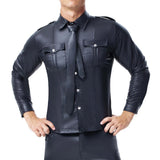 Riolio  Fashion Black Faux Leather Men Oversize Fitness Shirts Long Sleeves Pocket PU Metal Fastener Tops Tees Sexy Slim Fit Sexy Shirt