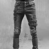 Riolio  Men's Retro Moto Biker Straight Elastic Jeans Zipper Distress Hole Punk Skinny Denim Cargo Pants Streetwear Y2K Hombre Trousers