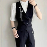 Riolio  Men Irregular Slant Button Vest Streetwear Fashion Youth Outdoor Casual Deconstructed Cropped Sleeveless Dark Punk Layered Gilet