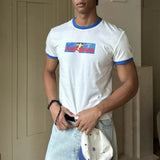 Riolio  Mens T-Shirt Blue And White Contrast Slim Fit T-Shirt Summer Street Wear Fashion Short Sleeve Breathable Top Men'S Clothing