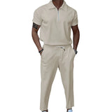 Riolio  Summer new European and American men's solid color suit lapel short sleeve zipper trouser suit
