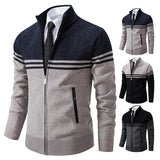 Riolio Men's New Winter Sweater Thick Fleece Warm Sweater Casual Stand Collar Zipper Cardigan Fashion Striped Coat