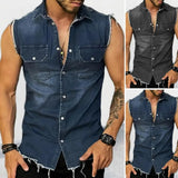Riolio Lapel Sleeveless Vest Jacket Single-breasted Flap Pockets Tassel Men Summer Solid Color Denim Shirt Streetwear Show  Body Muscle