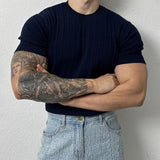 Riolio  Mens Hemp Pattern Casual Thin Short-Sleeved Sweater Summer New Daily Simple Solid Color Versatile Stretch T-Shirt For Men