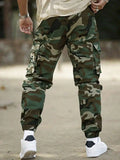 Riolio  Men Camo Print Cargo Pants With Flap Pockets And Drawstring Waist Streetwear Long Pants