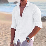 Riolio New Men's Shirt Cotton linen Fashion Casual Polo Neck Beach Shirt Long Sleeve Solid Hawaiian Holiday Shirts