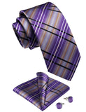 Riolio Purple Striped Plaid Silk Tie Set Pocket Square Cufflinks Wedding Accessories 8cm Ties Gift For Men