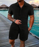 Riolio New style Summer Men's Fashion Beach Suit Outdoor Sports Casual Shirt Solid color Loose Short Sleeve Shorts Beach two-piece