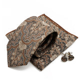 Riolio  New Men's Polyester Tie Pocket Square Cufflink Set Green Wine Red Brown Paisley Flower Necktie Business Party Accessories Gifts