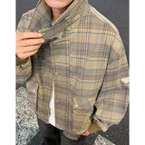 Riolio  Contrast Color Stand Pockets Plaid Woolen Jacket for Men Patchwork Vintage Casual Baggy Windbreaker Coat Oversized Loose Clothes