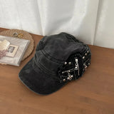 Riolio  Vintage Flat-Top Zipper Beret Hat for Women Men Women Outdoor Leisure Activities Street  Rivet Baseball Cap Summer Sunshade