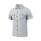 Riolio  Summer European and American cross-border men's waffle short-sleeved casual solid color lapel button-up pocket versatile shirt