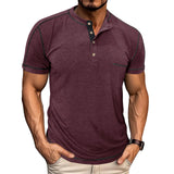 Riolio  Men's Grey Henley Neck Short Sleeve T-Shirt with Contrast Stitching Chest Pocket Casual Muscle Fit Top