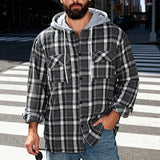 Riolio  Men's Plaid Flannel Shirt Jacket Detachable Hooded Button-Down Shacket for Casual Wear