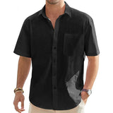 Men's Cotton Linen Short Sleeve Shirts Casual Lightweight Button Shirts Vacation Beach Summer Tops with Pocket