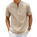 Riolio Cotton Linen Shirt Men Henley Neck Pocket Casual Beach Short Sleeve Solid Color Male Tops T-shirts Vintage Streetwear
