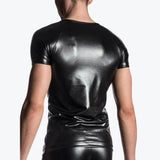 Riolio Men Faux Leather Tops Stretch Pu Leather Short Sleeve T-shirts Club Slim Bar Stage Performance Tee Shirt Elastic Tops Blouse