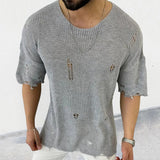 Riolio Vintage Knitting T Shirts Men Summer Short Sleeve O Neck Fashion Ripped Tee Streetwear Mens Leisure Solid Color Knit Jumper Tops