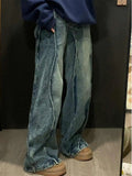 Riolio American Decosition Splicing Retro Blue Denim Pants High Street Hiphop Design Straight Leg Jeans for Teenagers Spring Season