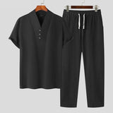 Riolio Casual Well Fitting Suits  New Men's Solid Short Sleeve V-Collar Tops Trousers Simple All-match Two-piece Sets S-5XL