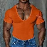 Riolio  Summer Men's T-shirts Deep V Neck Solid Color Gym Muscle Fitness Undershirt Tee Tops Short Sleeve T Shirt For Men Clothing