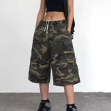 Riolio  Retro Workwear Camouflage Shorts Loose Fit High Street Style Spring Summer Casual Straight Leg Mid Waist Teenage Fashion