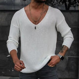 Riolio Men Spring V Neck Rib Bottoming T-shirts Pullover Autumn Long Sleeve Slim Fit Tees Tops Simple Casual Plain Thin Knit Shirt
