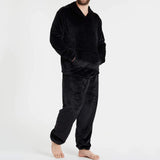 Riolio Mens Winter Fleece Warm Pajama Set Soft Home Solid Color Pockets Hooded Pullover Tops And Pants Thick Plush Sleepwear Homewear