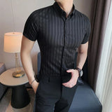 Riolio  Men's Stripe Short Sleeve Shirt Summer Korean Slim Fit British Style Casual Designer Half Sleeve Shirt