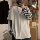 Riolio Long Sleeve Fake Two-piece T Shirt Striped Big Shirts Men Clothing Men Fashion New Oversized Tees Clothes Tshirt harajuku