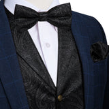 Riolio Luxury Black Paisley Silk Suit Vest for Men Bow Tie Handkerchief Cufflinks Wedding Party Formal Tuxedo Waistcoat