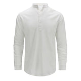 Riolio Men's Cotton Linen Long Sleeve Polo Shirt Lightweight Henley Neck Hawaiian Beach Style Solid Color Tops Vacation T-shirt