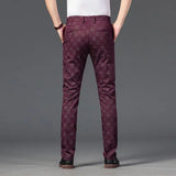 Riolio  Spring Young Men's Plaid Business Casual Pants Men's British Small Straight Slim-fitting Trend Non-iron Burgundy Trousers